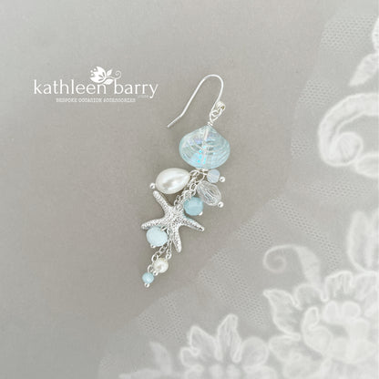 Starfish shell and pearl dangling earrings, beach theme wedding, assorted colors available - wedding jewelery