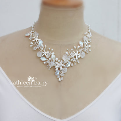 Beach theme statement wedding necklace starfish and shells bridal jewelry - Rose gold, gold or silver