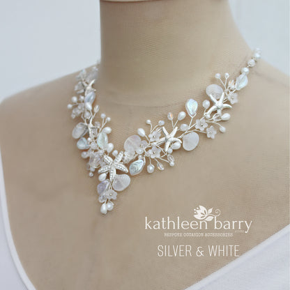 Beach theme statement wedding necklace starfish and shells bridal jewelry - Rose gold, gold or silver