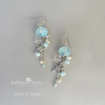 Starfish shell and pearl dangling earrings, beach theme wedding, assorted colors available - wedding jewelery