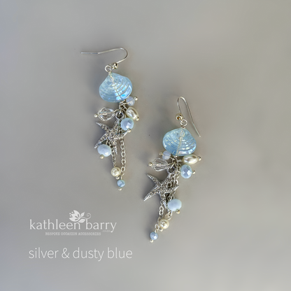 Starfish shell and pearl dangling earrings, beach theme wedding, assorted colors available - wedding jewelery