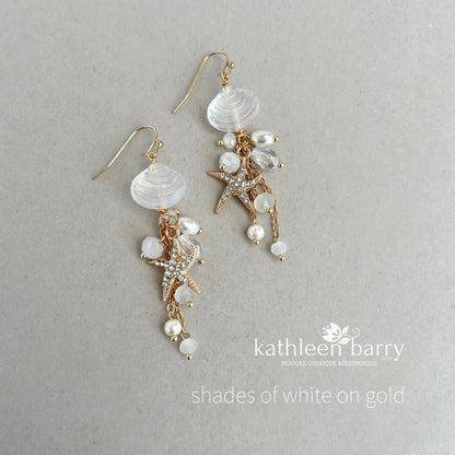Starfish shell and pearl dangling earrings, beach theme wedding, assorted colors available - wedding jewelery