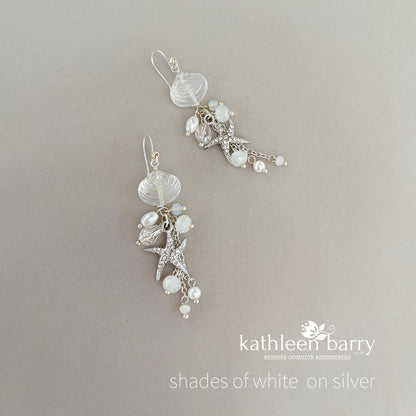 Starfish shell and pearl dangling earrings, beach theme wedding, assorted colors available - wedding jewelery