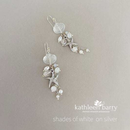 Starfish shell and pearl dangling earrings, beach theme wedding, assorted colors available - wedding jewelery