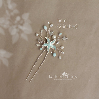 Starfish hair pin, resin inlay, crystal and pearl - sea star beach wedding - Sold Individually