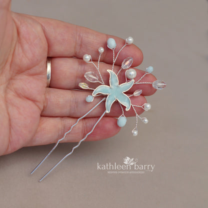 Starfish hair pin, resin inlay, crystal and pearl - sea star beach wedding - Sold Individually
