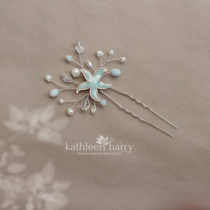 Starfish hair pin, resin inlay, crystal and pearl - sea star beach wedding - Sold Individually
