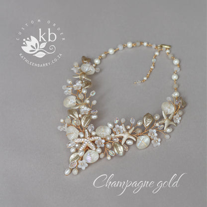 Beach theme statement wedding necklace starfish and shells bridal jewelry - Rose gold, gold or silver