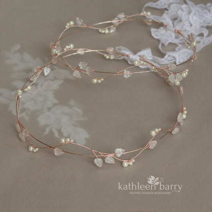 Greek Orthodox Stefana wedding circlet crown set - leaves and pearls (set of two) Gold, silver or rose gold.