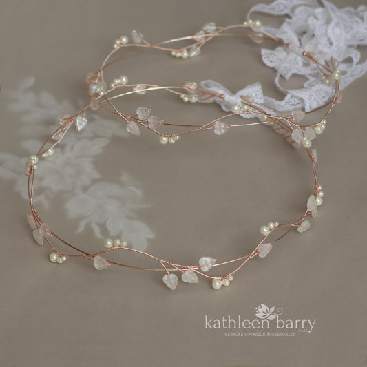 Greek Orthodox Stefana wedding circlet crown set - leaves and pearls (set of two) Gold, silver or rose gold.