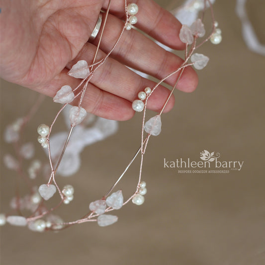 Greek Orthodox Stefana wedding circlet crown set - leaves and pearls (set of two) Gold, silver or rose gold.