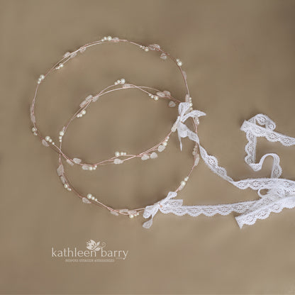 Greek Orthodox Stefana wedding circlet crown set - leaves and pearls (set of two) Gold, silver or rose gold.