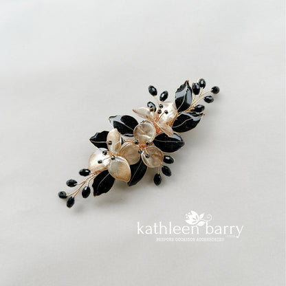 Custom order black and gold floral hair clip for Susan