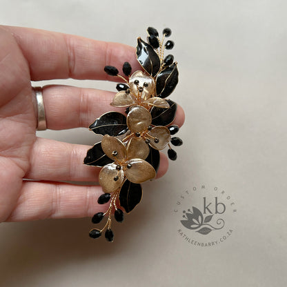 Custom order black and gold floral hair clip for Susan