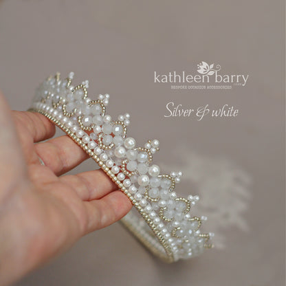 Tessa white beaded crown tiara style - custom colors available