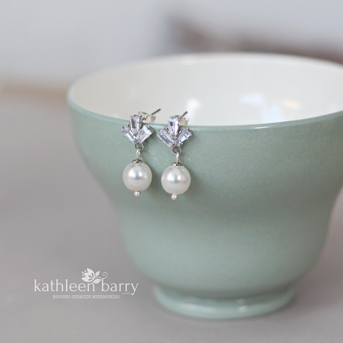 Baguette cut cubic zirconia stud pearl drop earrings gold and silver - Ivory, cream or blush pink pearls (Limited stock)