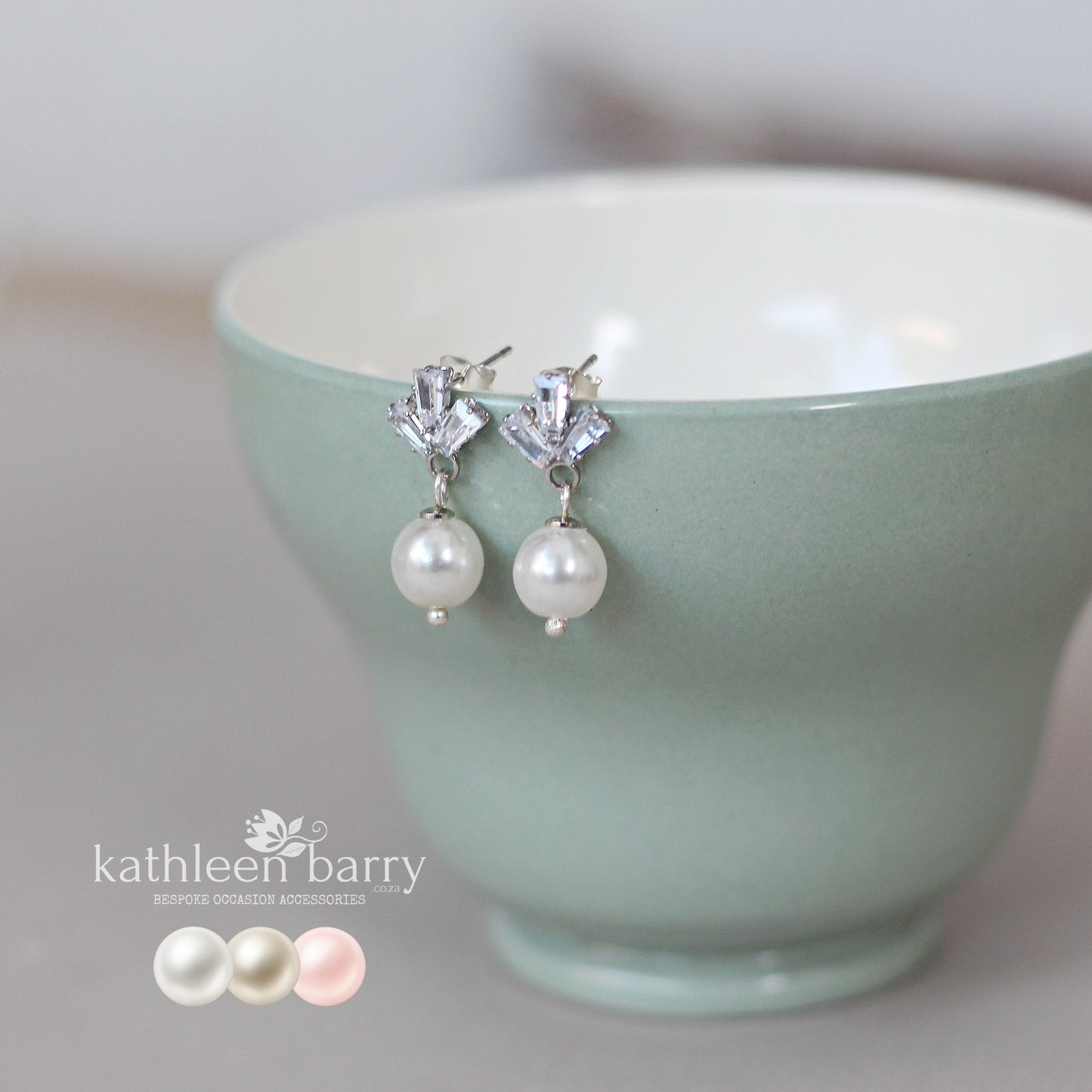 Baguette cut cubic zirconia stud pearl drop earrings gold and silver - Ivory, cream or blush pink pearls (Limited stock)