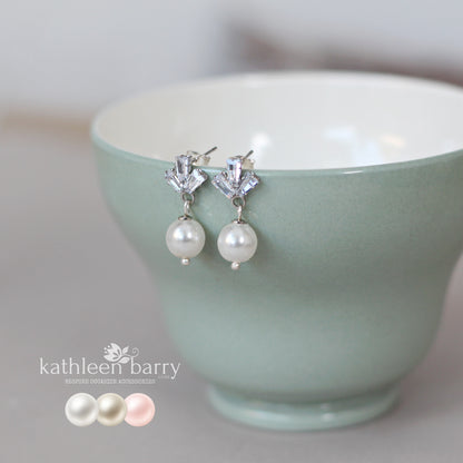 Baguette cut cubic zirconia stud pearl drop earrings gold and silver - Ivory, cream or blush pink pearls (Limited stock)
