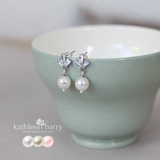 Baguette cut cubic zirconia stud pearl drop earrings gold and silver - Ivory, cream or blush pink pearls (Limited stock)