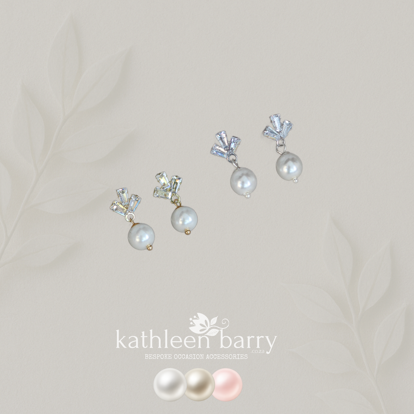 Baguette cut cubic zirconia stud pearl drop earrings gold and silver - Ivory, cream or blush pink pearls (Limited stock)