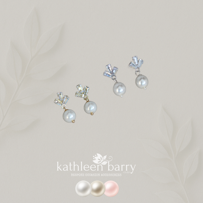 Baguette cut cubic zirconia stud pearl drop earrings gold and silver - Ivory, cream or blush pink pearls (Limited stock)