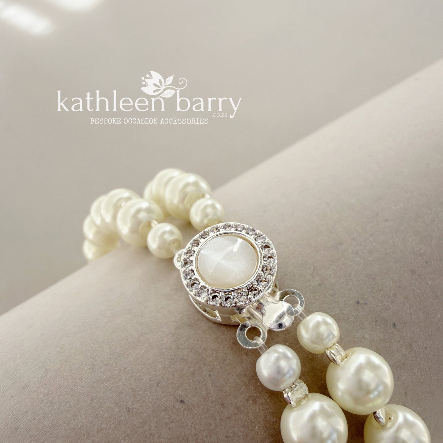Claudia Double Strand Pearl Bracelet – Mother of Pearl & Pavé Clasp detail - 3 pearl colours