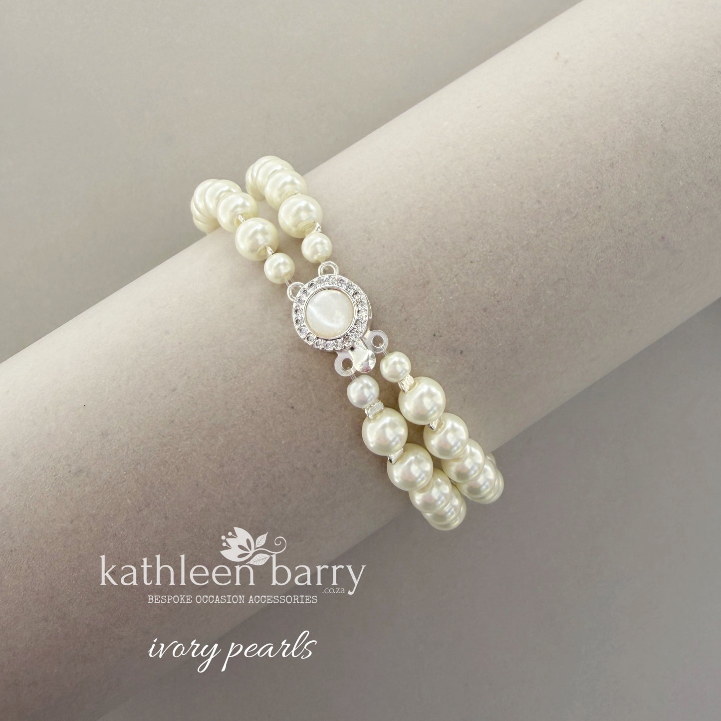Claudia Double Strand Pearl Bracelet – Mother of Pearl & Pavé Clasp detail - 3 pearl colours