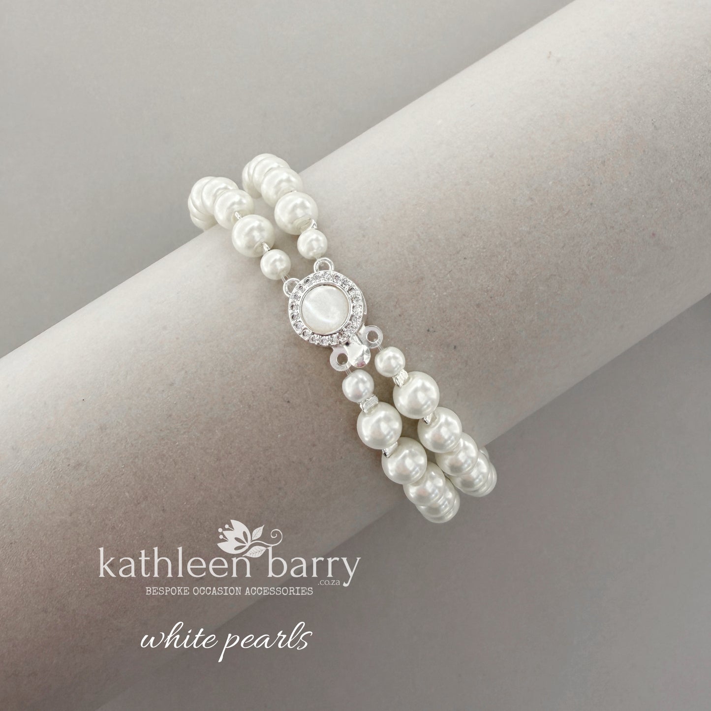 Claudia Double Strand Pearl Bracelet – Mother of Pearl & Pavé Clasp detail - 3 pearl colours