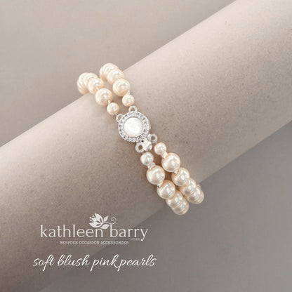 Claudia Double Strand Pearl Bracelet – Mother of Pearl & Pavé Clasp detail - 3 pearl colours