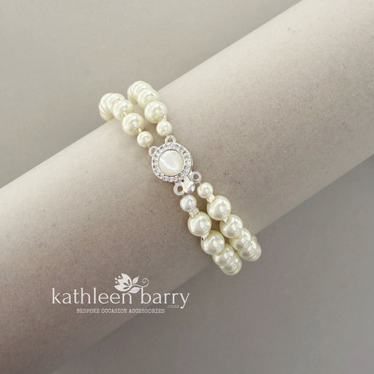 Claudia Double Strand Pearl Bracelet – Mother of Pearl & Pavé Clasp detail - 3 pearl colours