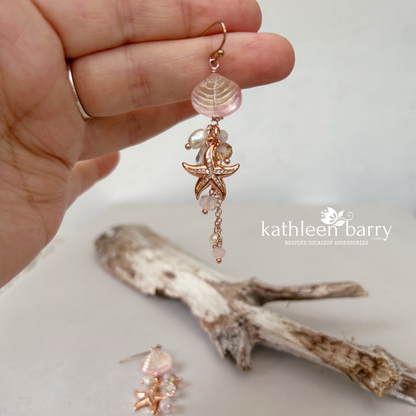 Two tone Shell and Rhinestone Starfish Earrings, pearls Beach Wedding Jewelry, Destination Bridal Earrings
