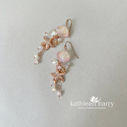 Two tone Shell and Rhinestone Starfish Earrings, pearls Beach Wedding Jewelry, Destination Bridal Earrings