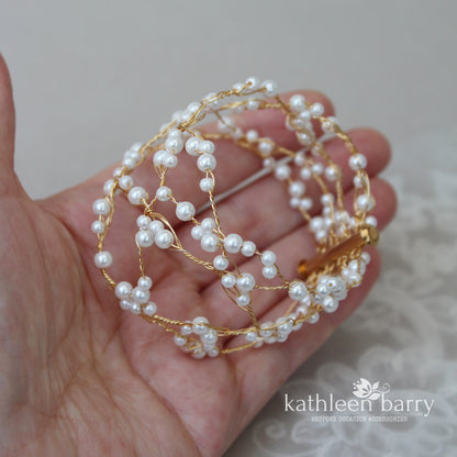 Cherize - Wrap cuff bracelet Pearls & plated wirework in gold, silver or Rose gold.