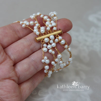 Cherize - Wrap cuff bracelet Pearls & plated wirework in gold, silver or Rose gold.