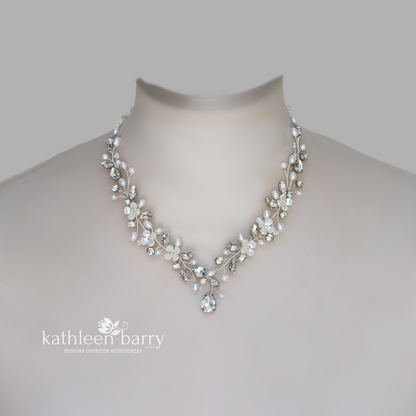 Yolanda statement floral wedding necklace - Available in Silver or gold finish, Clear Rhinestones