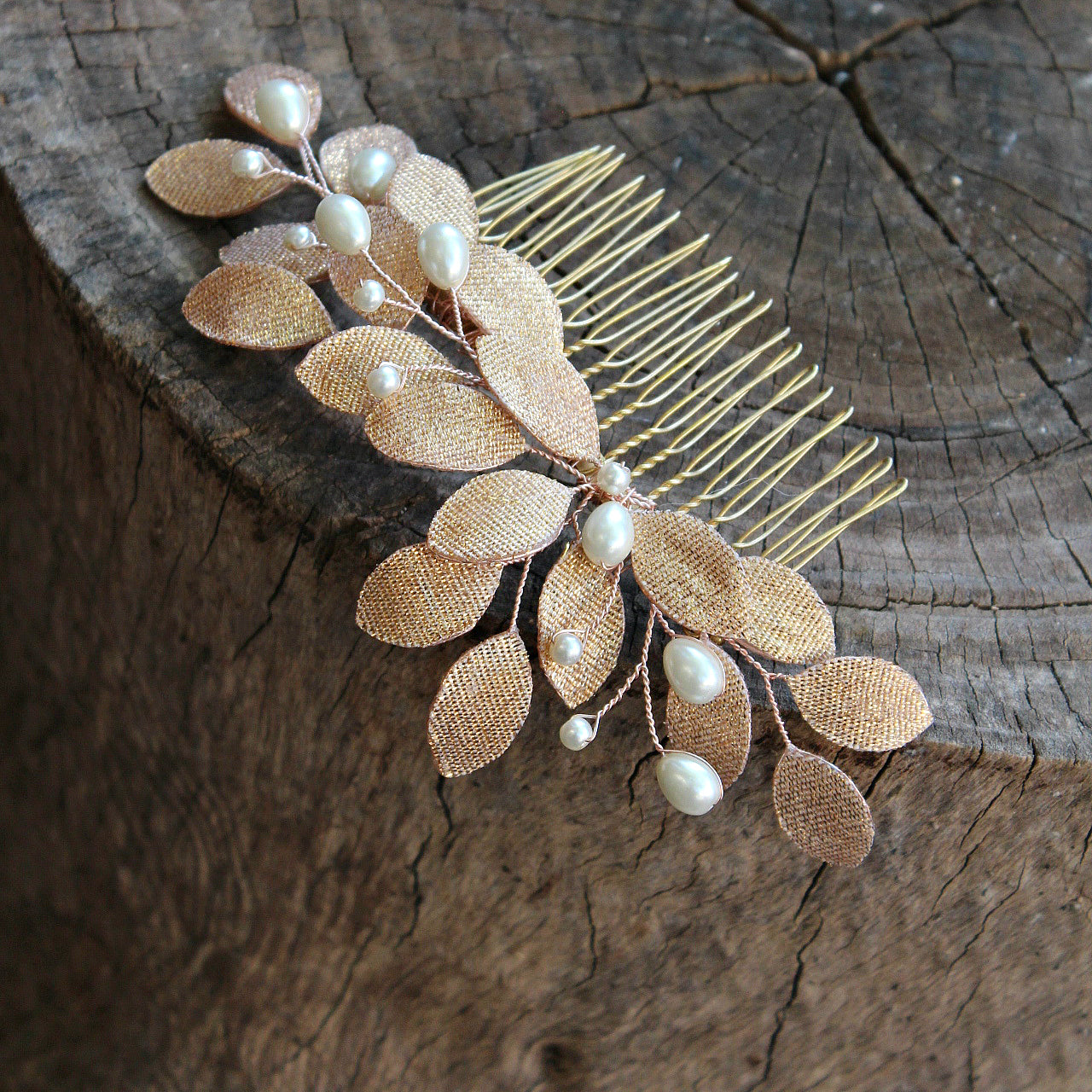 Irma metallic leaf and pearl hair comb - rose gold, gold or silver