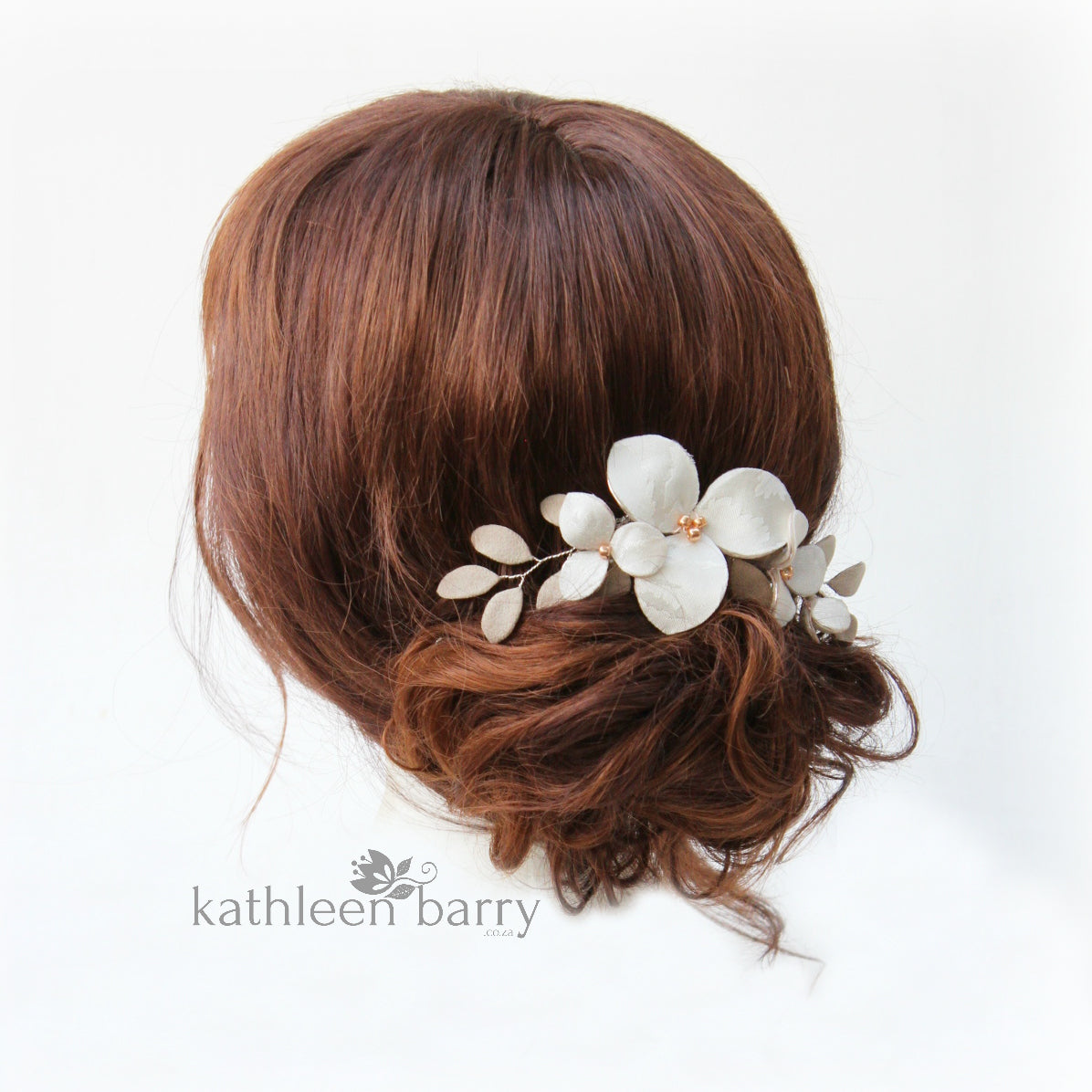 Florence hairpiece, Damask fabric flowers with faux suede leaves - Color variations