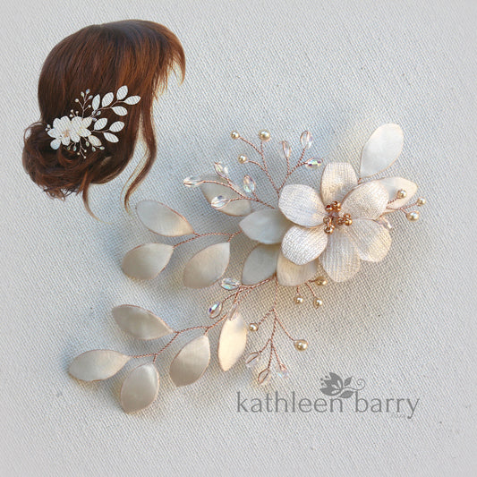 Meryl hairpiece, sculpted fabric flowers - Assorted colors - Rose gold, pale gold or silver