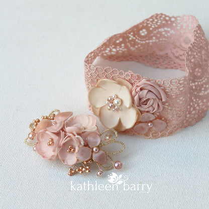 Simone Garter - Shades ivory & off white or blush & dusty pink - Custom colors to order