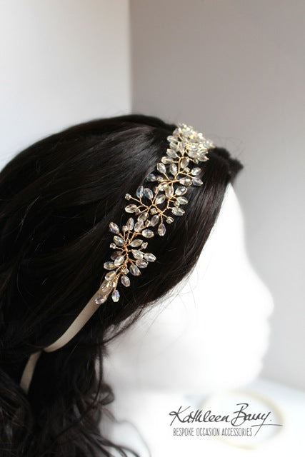 Alecia crystal rhinesone headband with satin ribbon detail Available in gold, silver & rose gold