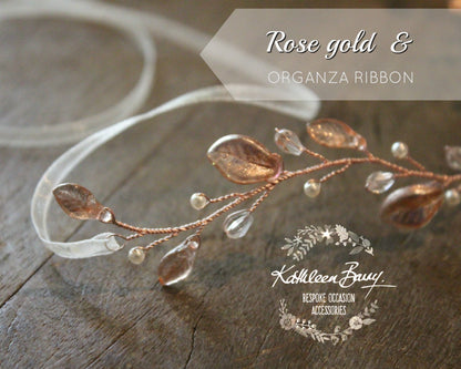 Amanda metallic leaf Crystal & Pearl hair vine / wreath - Silver, gold or rose gold.
