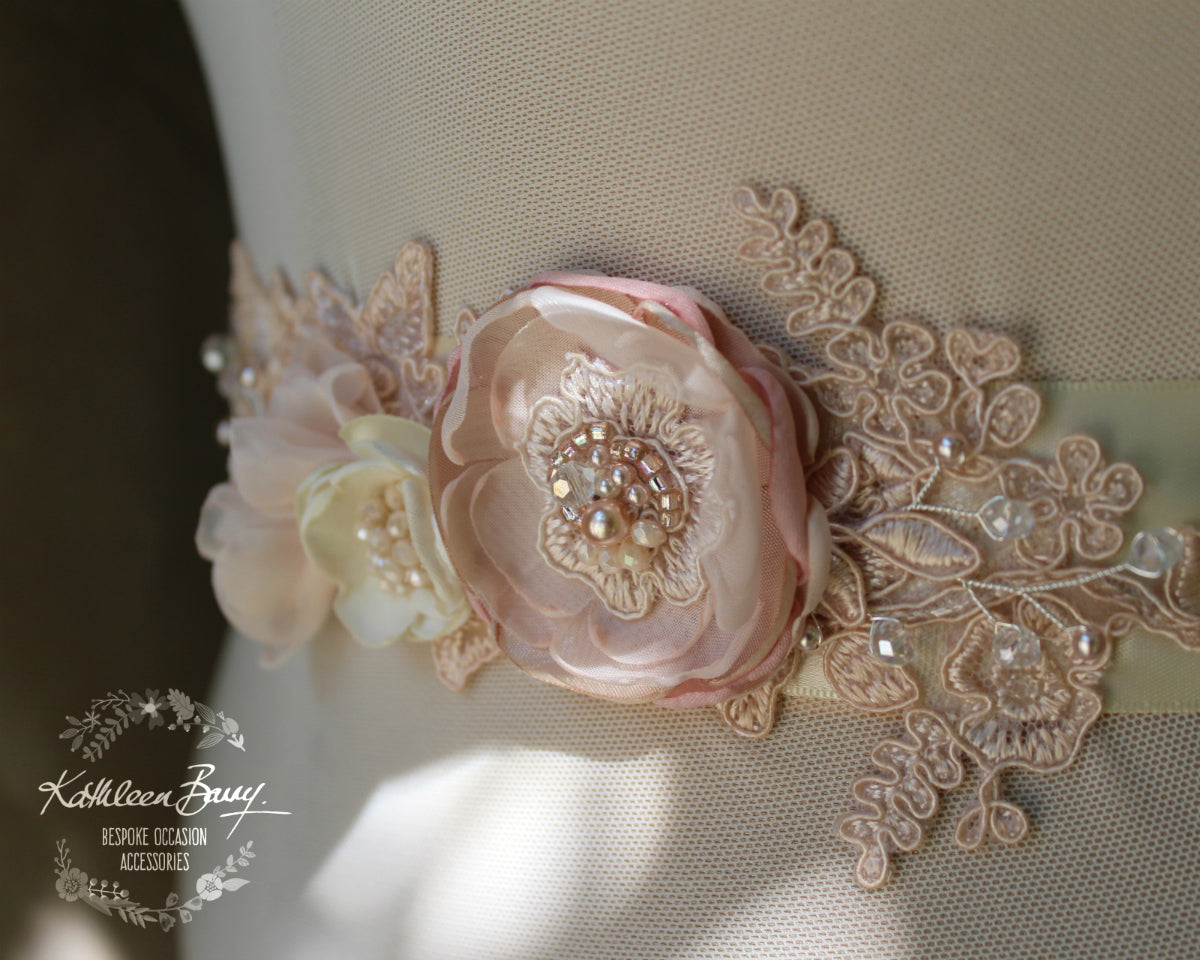 Amelia Wedding dress sash / belt - Blush pink / ivory cream / white - Color customization available