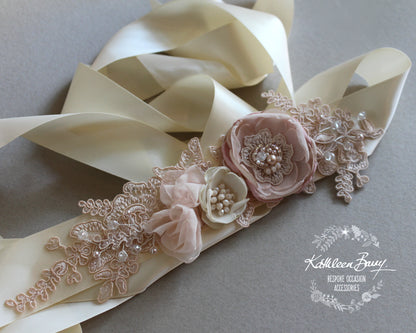 Amelia Wedding dress sash / belt - Blush pink / ivory cream / white - Color customization available