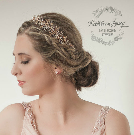 Andrea Gold or rose gold dainty headband crystal, pearl and tones of blush pink