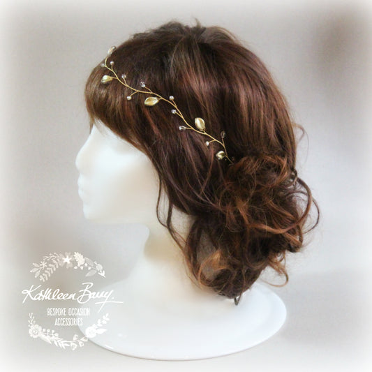 Angelina Golden Leaf Wreath - Crystal & Pearl available in gold, silver or rose gold