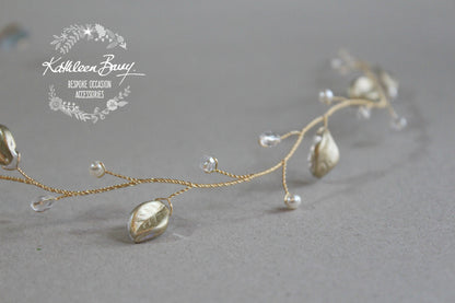Angelina Golden Leaf Wreath - Crystal & Pearl available in gold, silver or rose gold