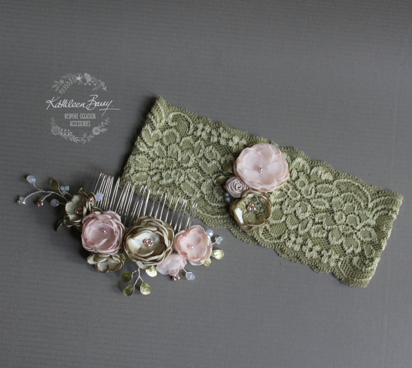 Anique Garter sage green & blush pink flower detail - Custom colors to order