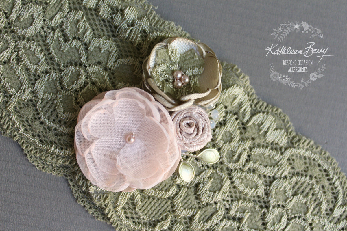 Anique Garter sage green & ivory/white or pink flower detail - Custom colors to order