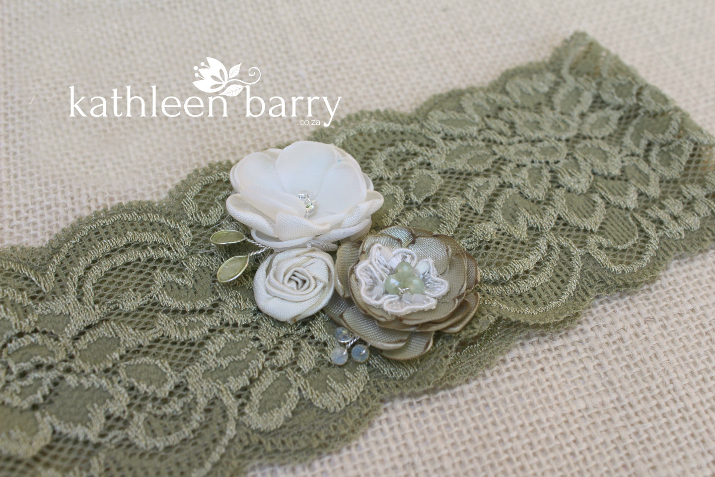 Anique Garter sage green & ivory/white or pink flower detail - Custom colors to order