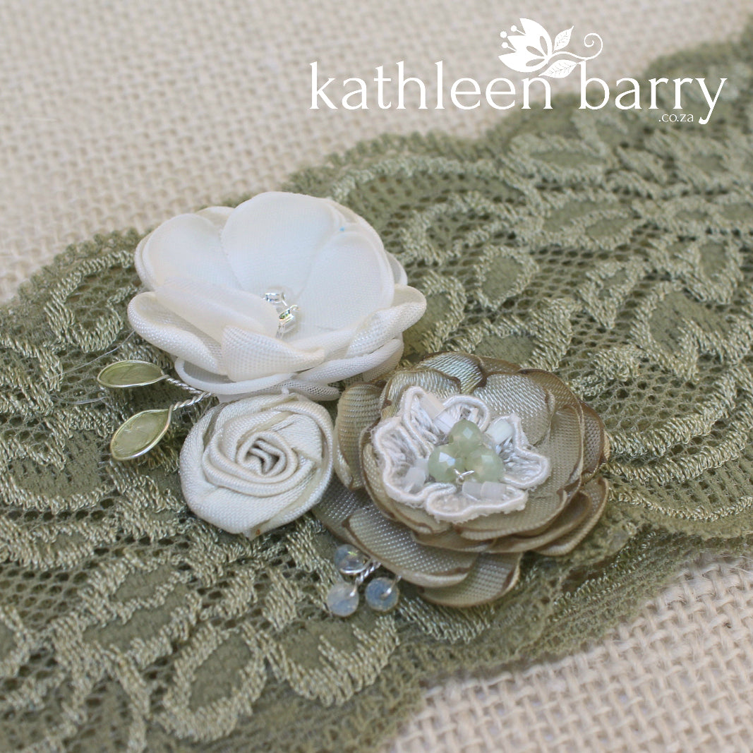 Anique Garter sage green & ivory/white or pink flower detail - Custom colors to order
